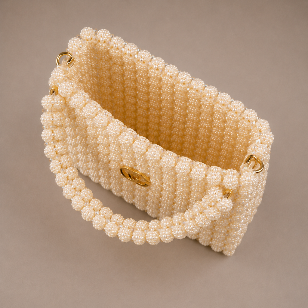 Ceylan Ivory Pearl Clasp bag, open top view