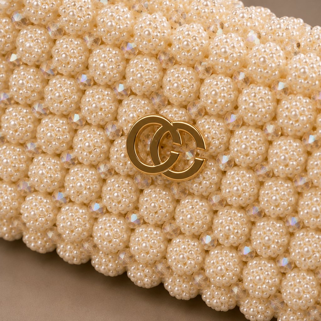 Ceylan Ivory Pearl Clasp bag, close-up of gold clasp