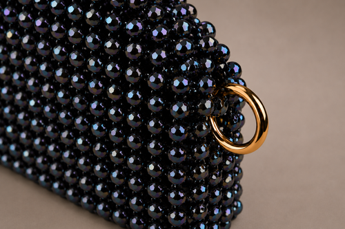 Ceylan Onyx Beaded bag, close-up of beadwork and gold ring hardware